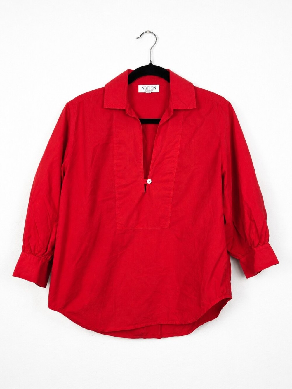Nation LTD Pima Cotton Popover Blouse Red Quiet Luxury Minimalist XS